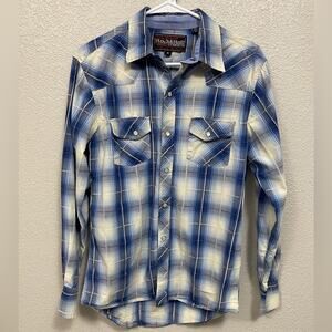 Rock & Roll Cowboy Blue and White Plaid Long Sleeve Pearl Snap Shirt Size Small